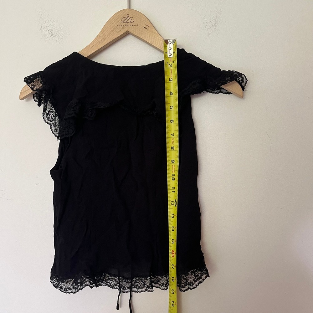 Reformation Black Lace Trim Tie Front Cropped Ruffle Blouse Top Mens Size 2 - Picture 12 of 12